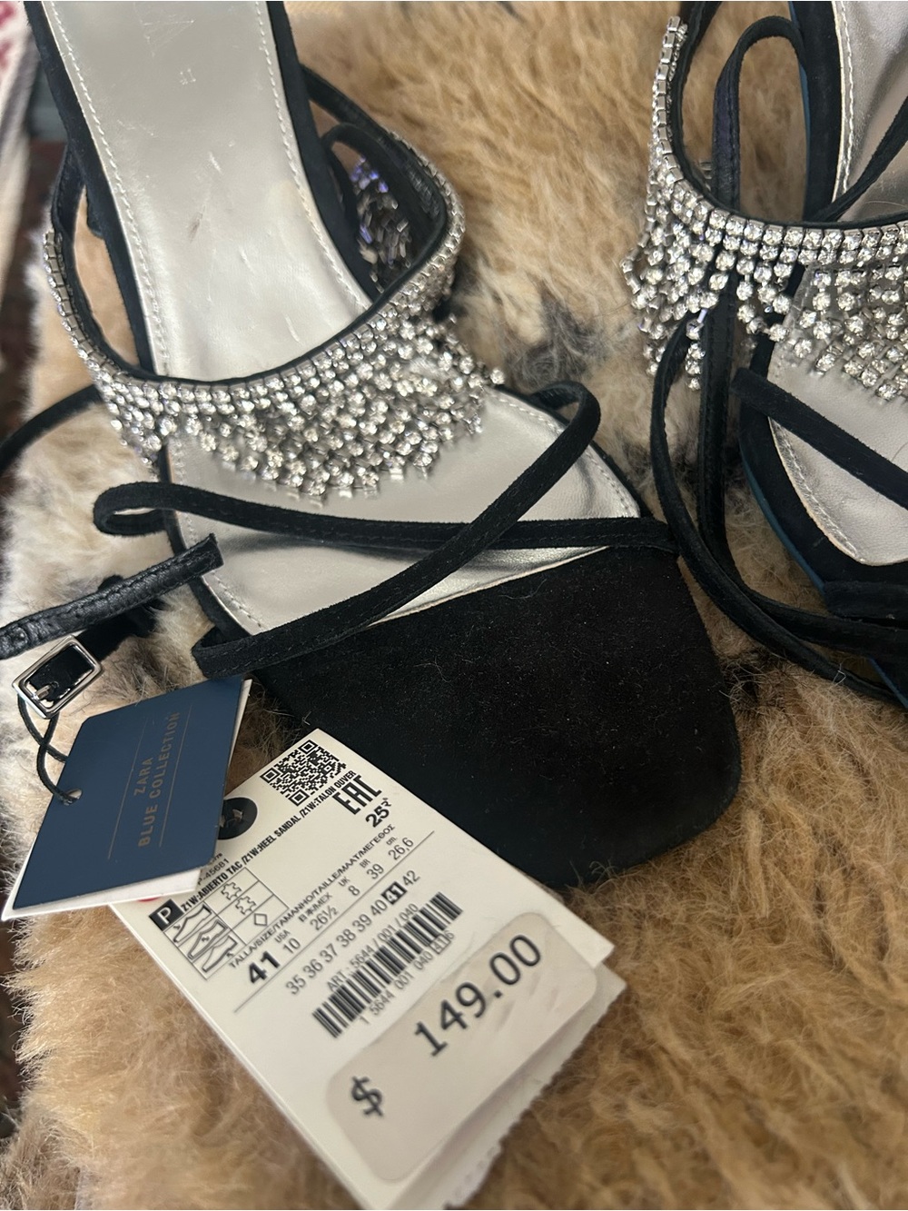 Zara Black Suede Strappy Heels with Crystal Fringe